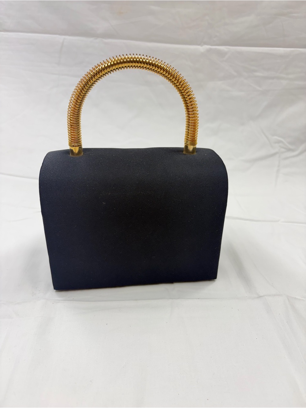 Black Satin Evening Clutch with Gold Coiled Top Handle